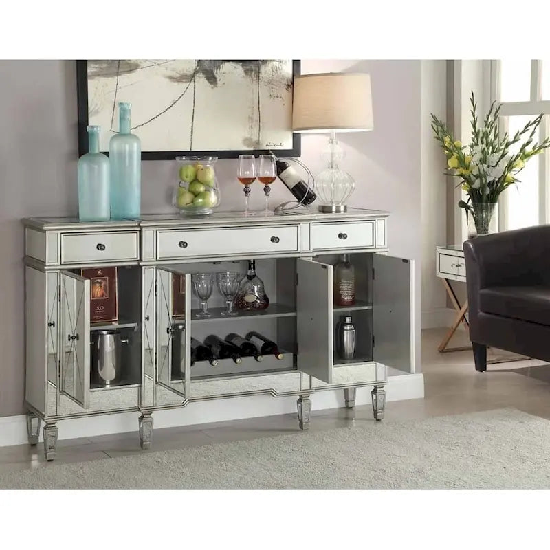 Vinoteca con espejo plateado y almacenamiento para 6 botellas