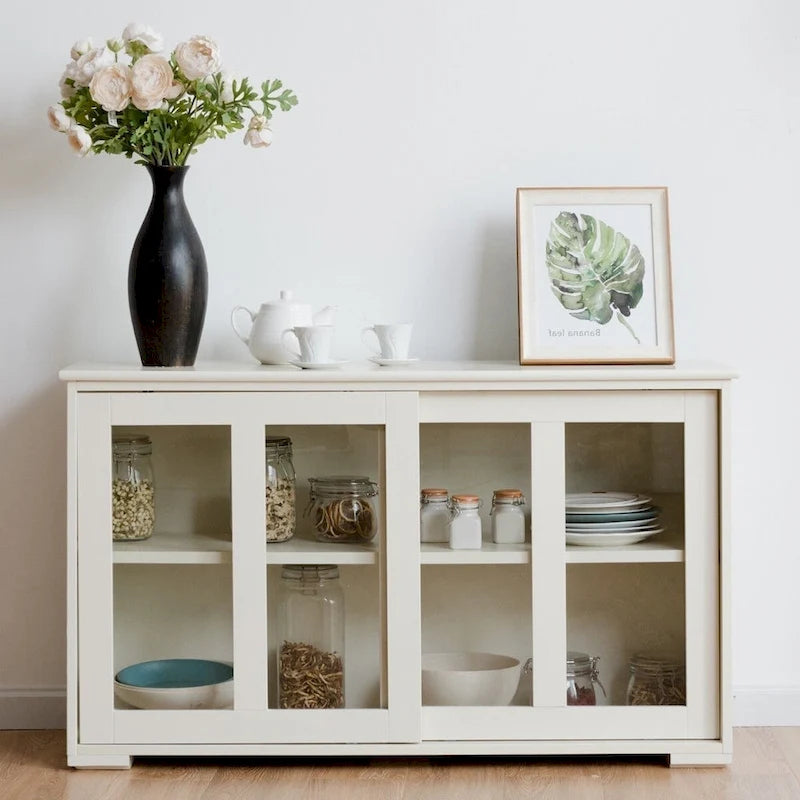 Aparador moderno de madera blanco crema con puerta corredera de cristal - 42W x 13.0D x 24.5H