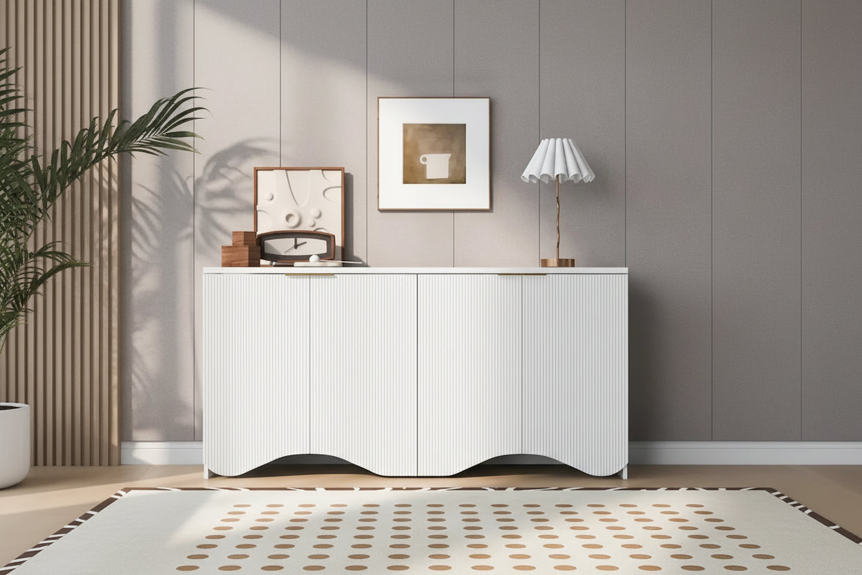 Vertical Stripes and Wavy Design of a Four-Door Cabinet Cabinet Suitable for Hallway, Entryway, Living Room