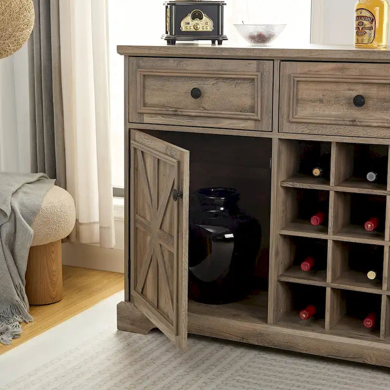 Aparador de granja con almacenamiento y 2 cajones, mueble bar con botelleros extraíbles y estantes de almacenamiento