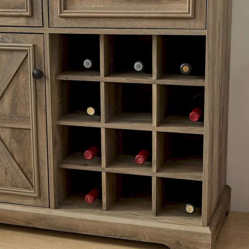 Aparador de granja con almacenamiento y 2 cajones, mueble bar con botelleros extraíbles y estantes de almacenamiento