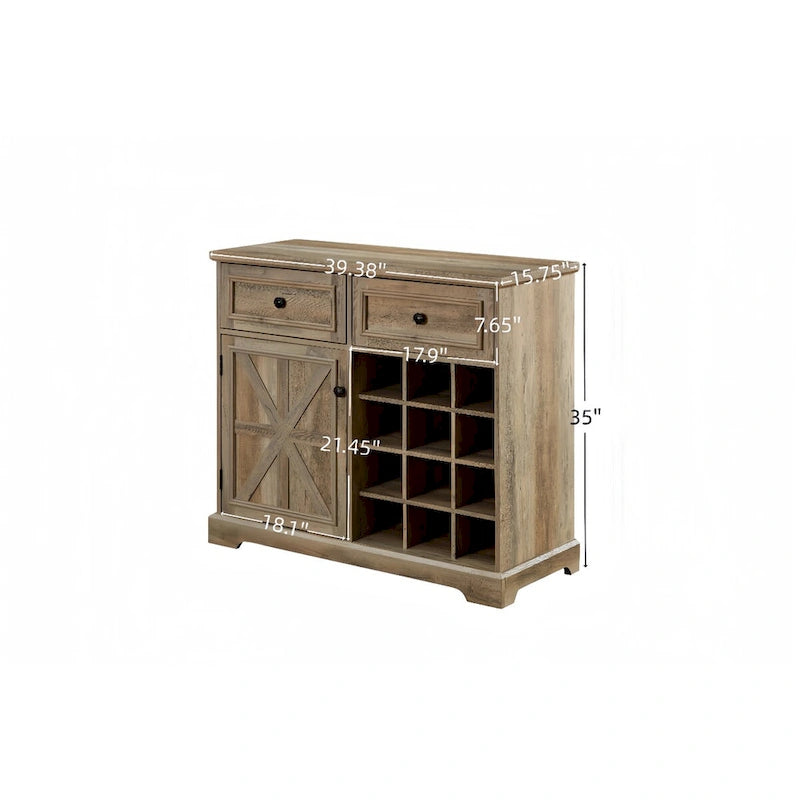 Aparador de granja con almacenamiento y 2 cajones, mueble bar con botelleros extraíbles y estantes de almacenamiento