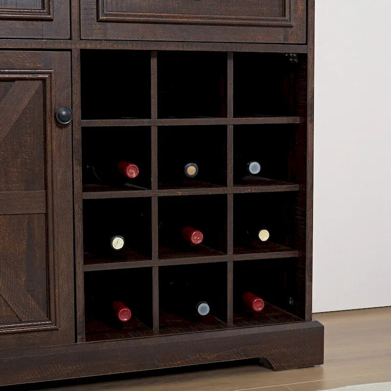 Aparador de granja con almacenamiento y 2 cajones, mueble bar con botelleros extraíbles y estantes de almacenamiento