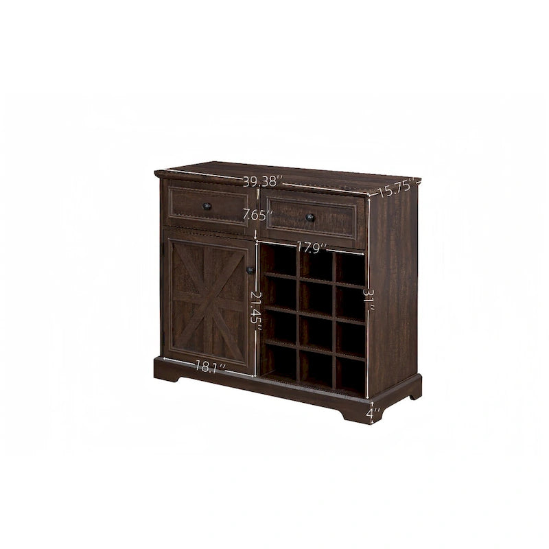 Aparador de granja con almacenamiento y 2 cajones, mueble bar con botelleros extraíbles y estantes de almacenamiento