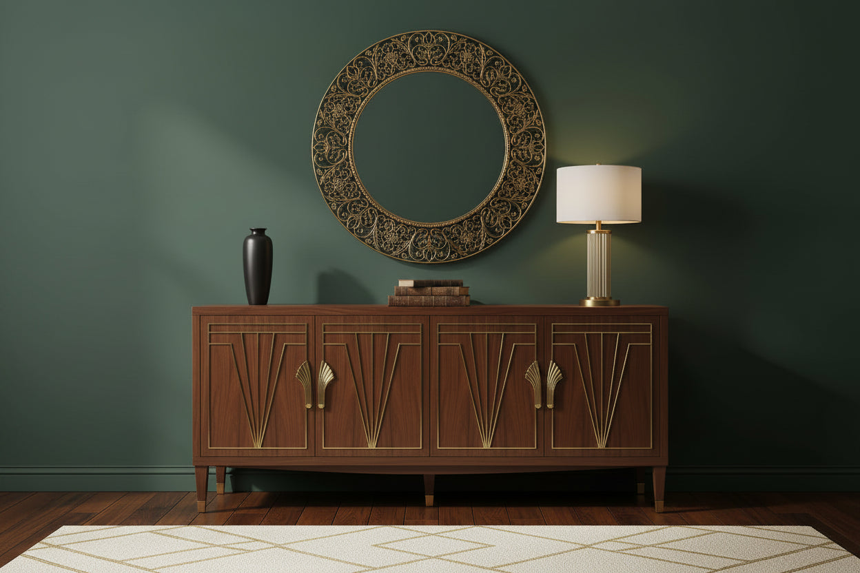 Elegante y funcional gabinete de almacenamiento de 4 puertas con patas de pino y MDF, para sala de estar, dormitorio y cocina