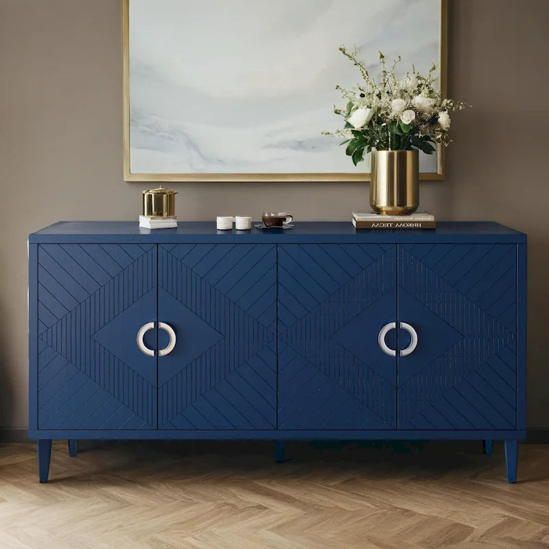 Elegante y funcional gabinete de almacenamiento de 4 puertas con patas de pino y MDF, para sala de estar, dormitorio y cocina