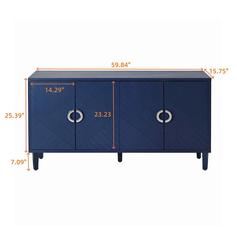 Elegante y funcional gabinete de almacenamiento de 4 puertas con patas de pino y MDF, para sala de estar, dormitorio y cocina