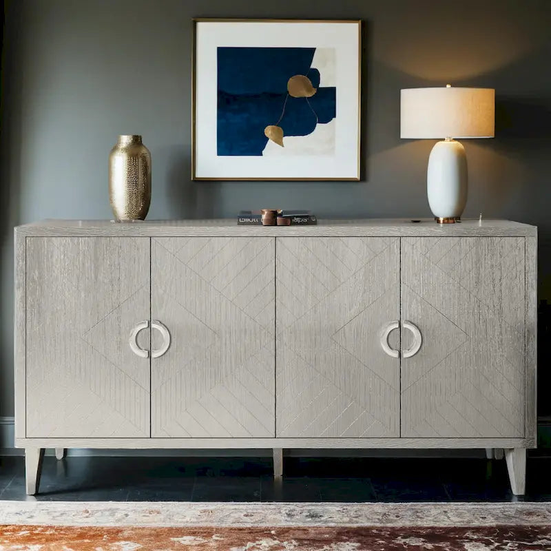 Elegante y funcional gabinete de almacenamiento de 4 puertas con patas de pino y MDF, para sala de estar, dormitorio y cocina