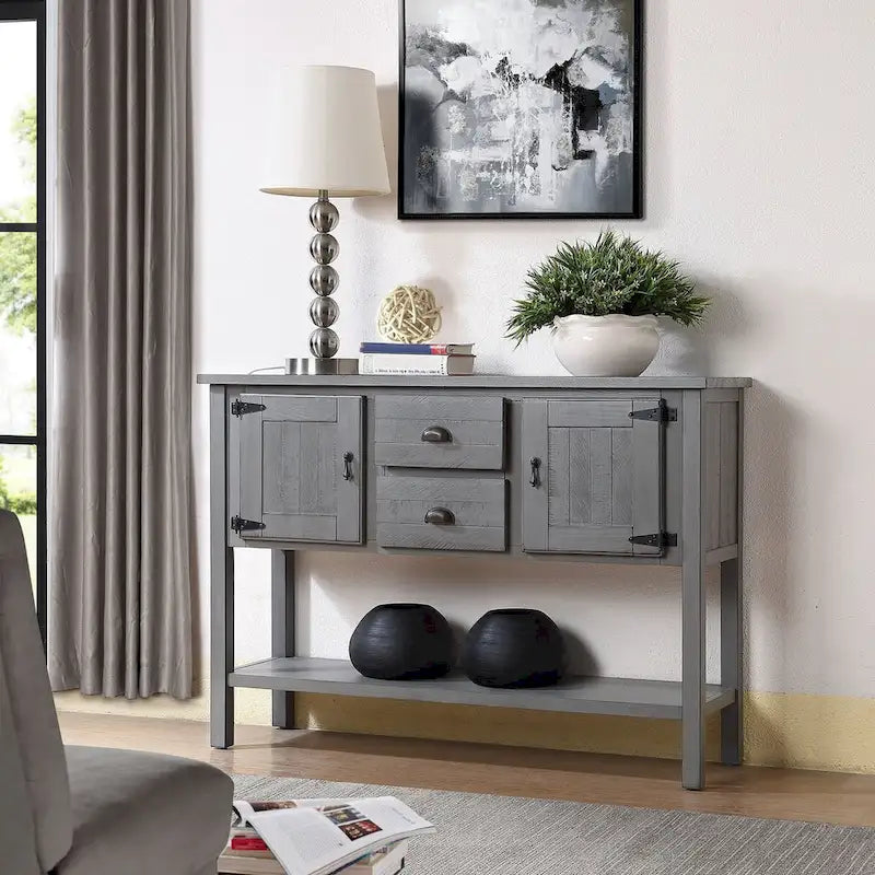 Mesa consola con 2 cajones, armarios y estante inferior, mueble aparador de comedor de estilo retro (gris antiguo)