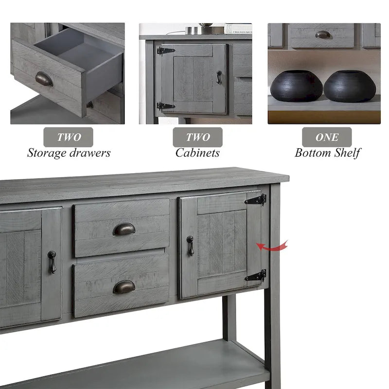 Mesa consola con 2 cajones, armarios y estante inferior, mueble aparador de comedor de estilo retro (gris antiguo)