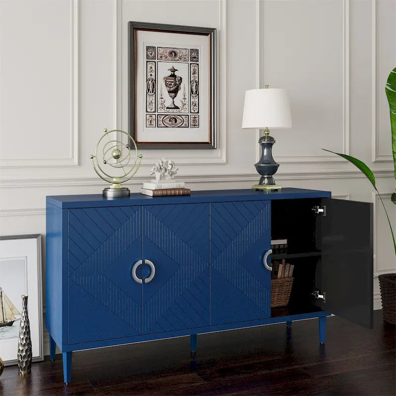 Elegante y funcional gabinete de almacenamiento de 4 puertas con patas de pino y MDF