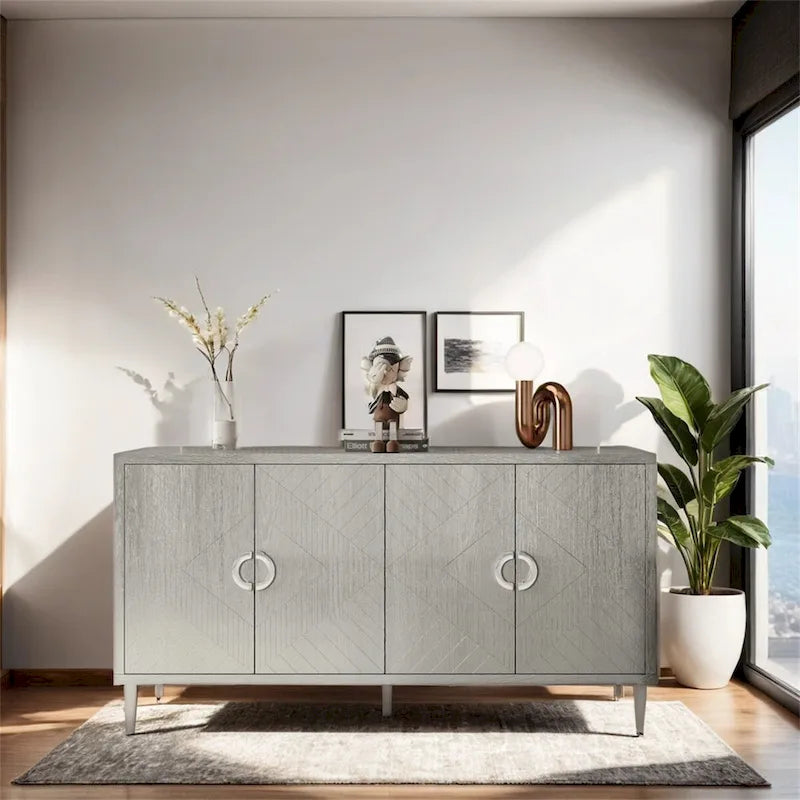 Elegante y funcional gabinete de almacenamiento de 4 puertas con patas de pino y MDF