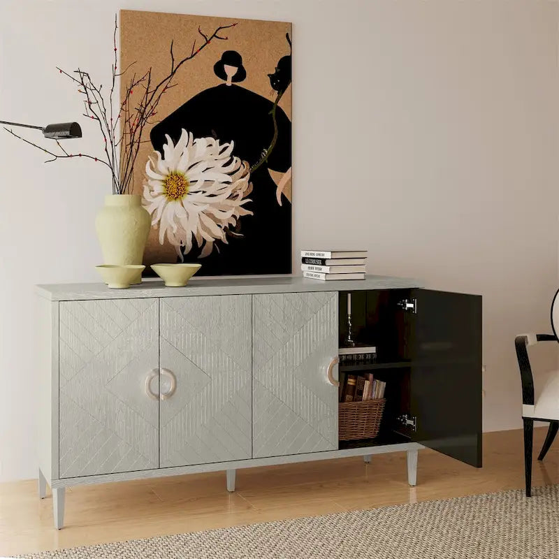 Elegante y funcional gabinete de almacenamiento de 4 puertas con patas de pino y MDF