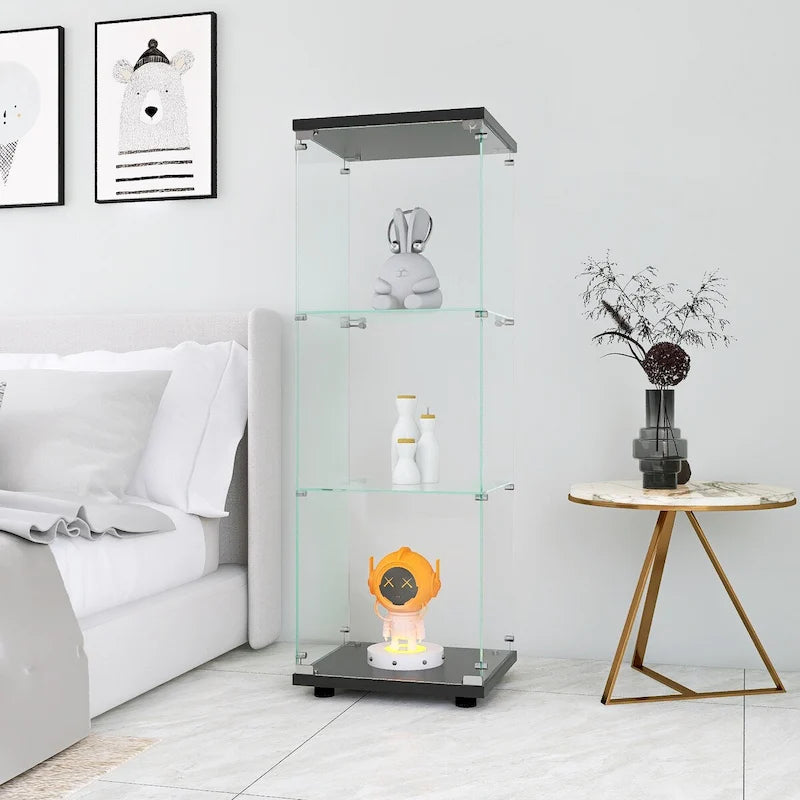 Vitrina de cristal con 3 estantes, vitrinas de curiosidades de una puerta, estantería de cristal negra de pie, instalación rápida