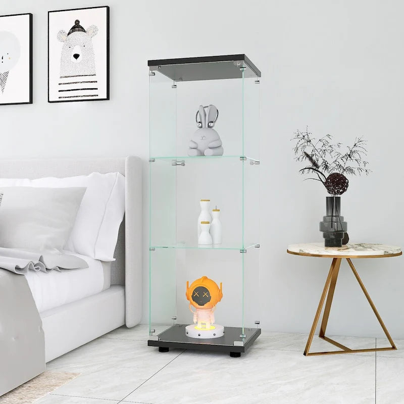 Glass Display Cabinet with 3 Shelves, One-Door Curio Cabinets, Black Floor Standing Glass Bookshelf, Quick Installation