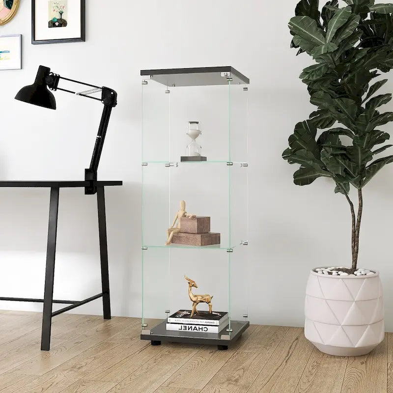 Vitrina de cristal con 3 estantes, vitrinas de curiosidades de una puerta, estantería de cristal negra de pie, instalación rápida