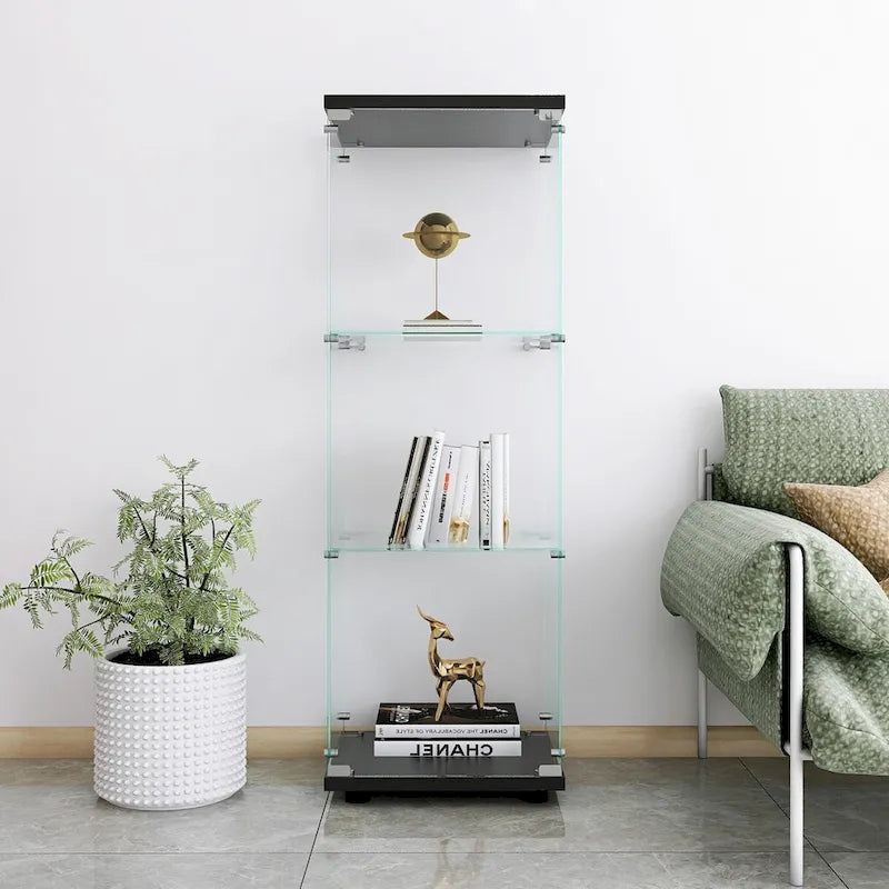 Vitrina de cristal con 3 estantes, vitrinas de curiosidades de una puerta, estantería de cristal negra de pie, instalación rápida