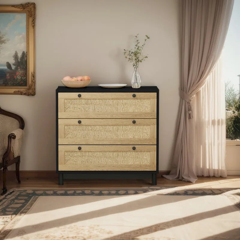 30.313-Armario de almacenamiento con cajones de cuerda tejida, para dormitorio, sala de estar, comedor, pasillos, negro