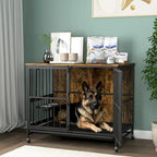 Perrera para perros de hasta 36 kg con bandeja extraíble, caseta para perros de 2 puertas, panel elevable, rotación de 360 grados, 3 alturas de cuencos ajustables