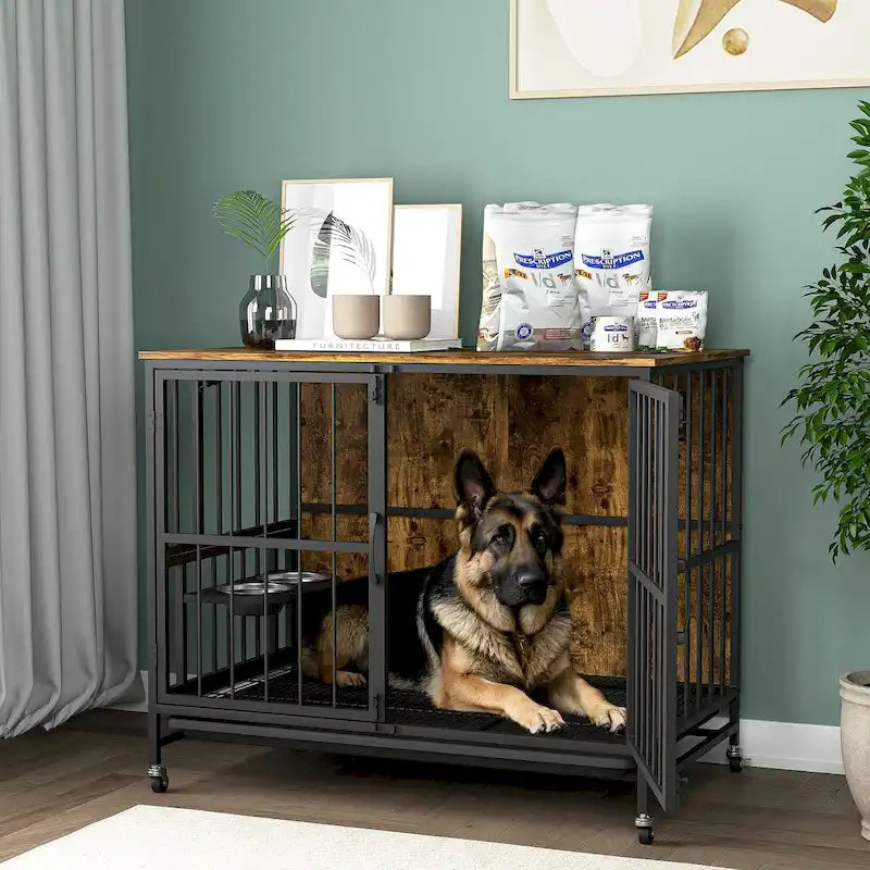 Perrera para perros de hasta 36 kg con bandeja extraíble, caseta para perros de 2 puertas, panel elevable, rotación de 360 grados, 3 alturas de cuencos ajustables