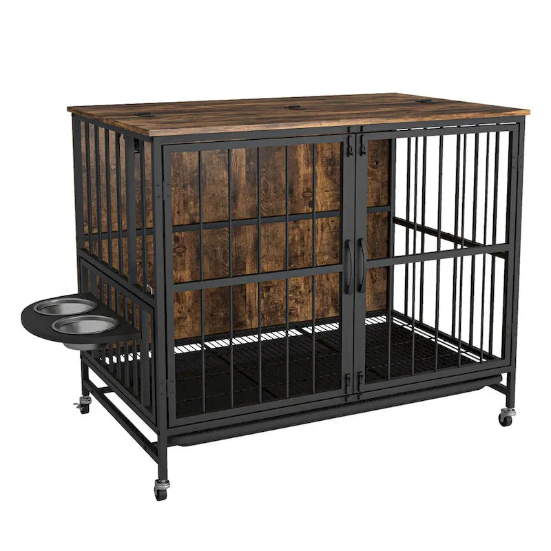 Perrera para perros de hasta 36 kg con bandeja extraíble, caseta para perros de 2 puertas, panel elevable, rotación de 360 grados, 3 alturas de cuencos ajustables