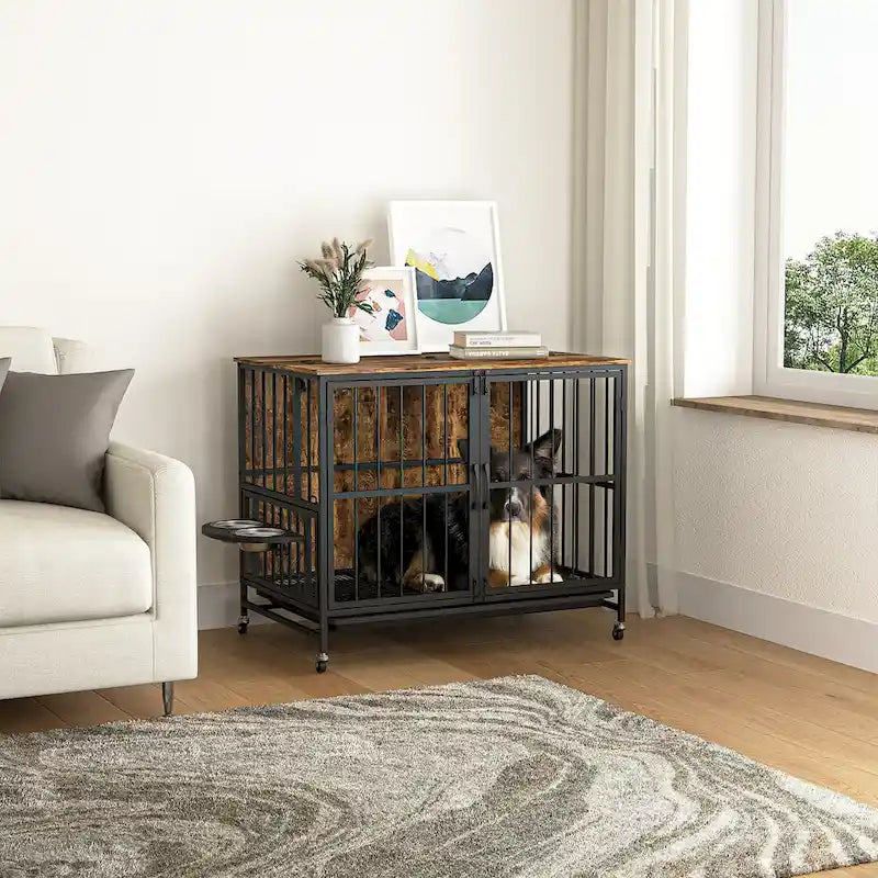 Perrera para perros de hasta 36 kg con bandeja extraíble, caseta para perros de 2 puertas, panel elevable, rotación de 360 grados, 3 alturas de cuencos ajustables