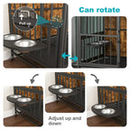 Perrera para perros de hasta 36 kg con bandeja extraíble, caseta para perros de 2 puertas, panel elevable, rotación de 360 grados, 3 alturas de cuencos ajustables