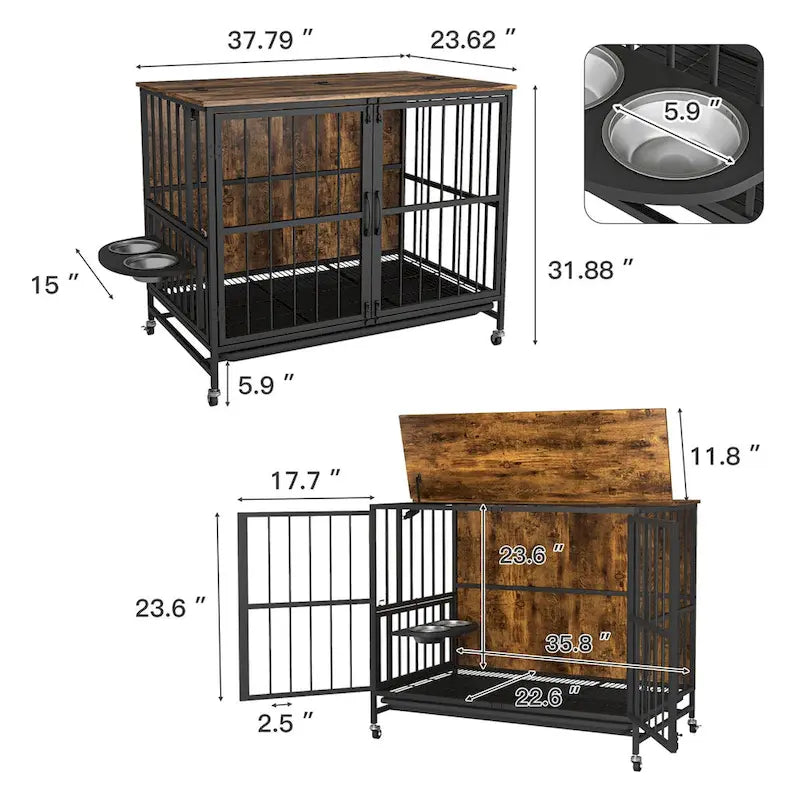 Perrera para perros de hasta 36 kg con bandeja extraíble, caseta para perros de 2 puertas, panel elevable, rotación de 360 grados, 3 alturas de cuencos ajustables