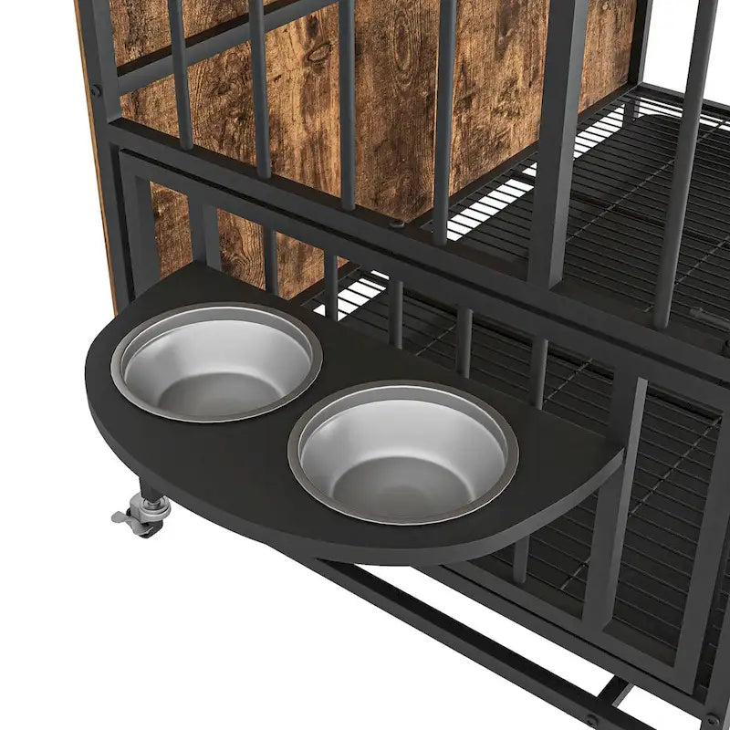 Perrera para perros de hasta 36 kg con bandeja extraíble, caseta para perros de 2 puertas, panel elevable, rotación de 360 grados, 3 alturas de cuencos ajustables
