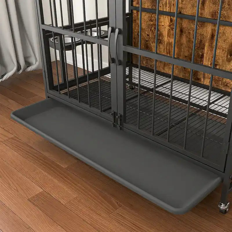 Perrera para perros de hasta 36 kg con bandeja extraíble, caseta para perros de 2 puertas, panel elevable, rotación de 360 grados, 3 alturas de cuencos ajustables