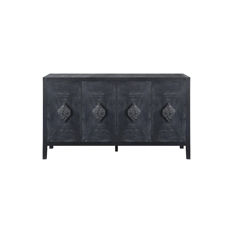 Mueble antiguo de cuatro puertas con chapa de pino y detalles tallados