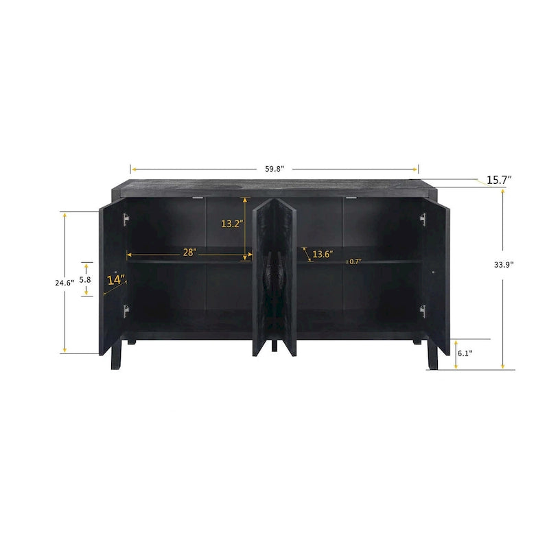Mueble antiguo de cuatro puertas con chapa de pino y detalles tallados