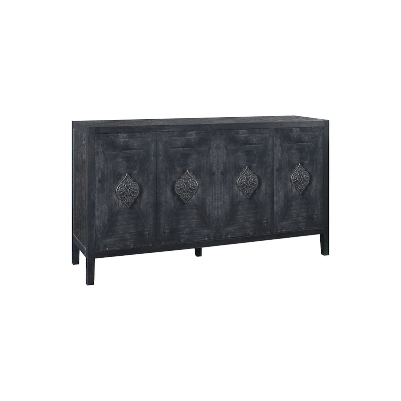 Mueble antiguo de cuatro puertas con chapa de pino y detalles tallados
