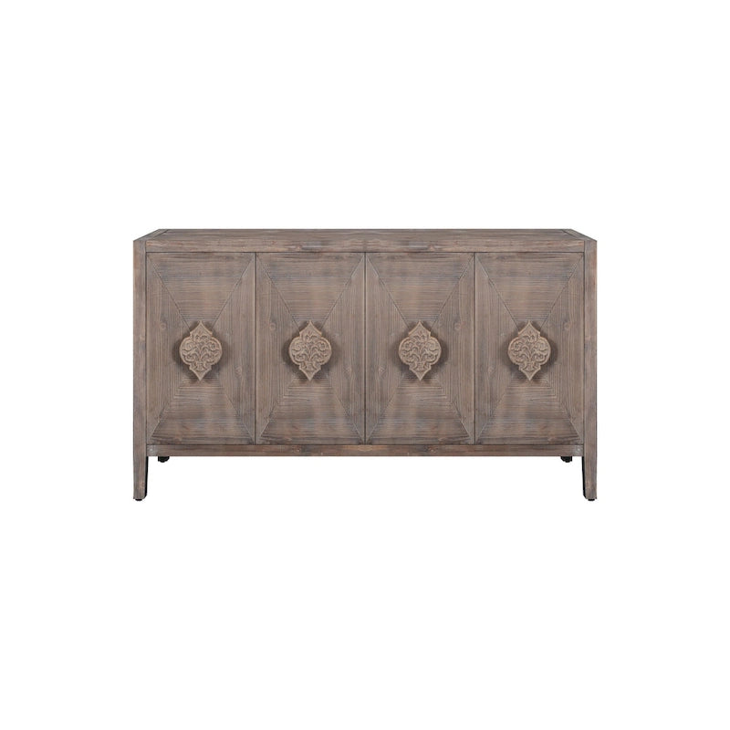 Mueble antiguo de cuatro puertas con chapa de pino y detalles tallados
