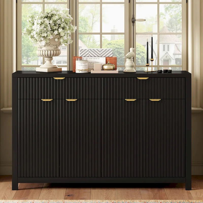 Aparador moderno con diseño de ondas, mesa de sofá con 2 cajones y 4 puertas, estantes ajustables de 3 niveles