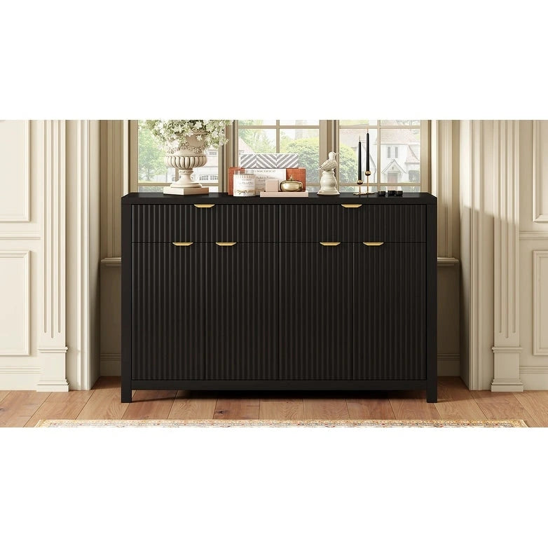 Aparador moderno con diseño de ondas, mesa de sofá con 2 cajones y 4 puertas, estantes ajustables de 3 niveles