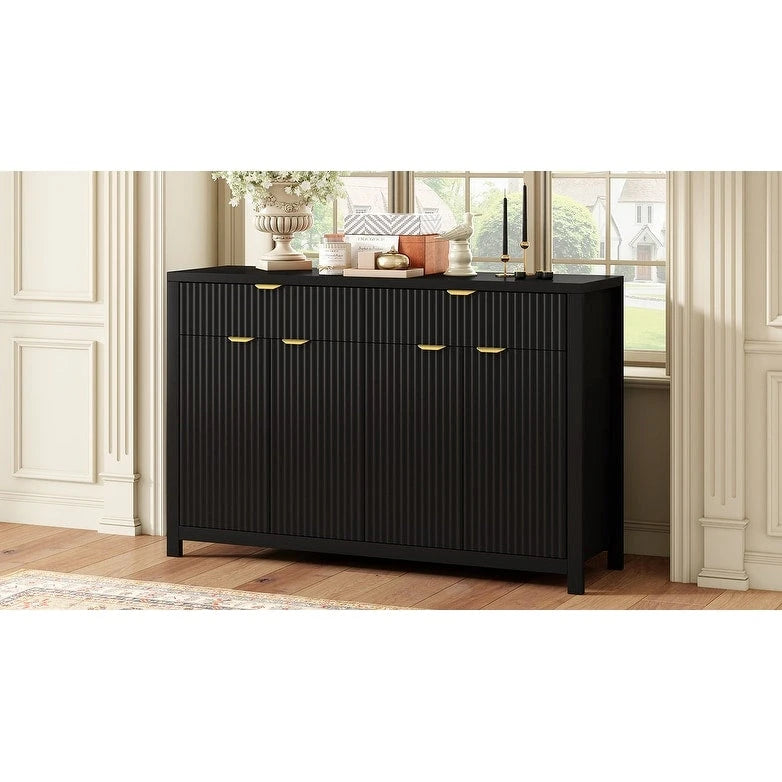 Aparador moderno con diseño de ondas, mesa de sofá con 2 cajones y 4 puertas, estantes ajustables de 3 niveles