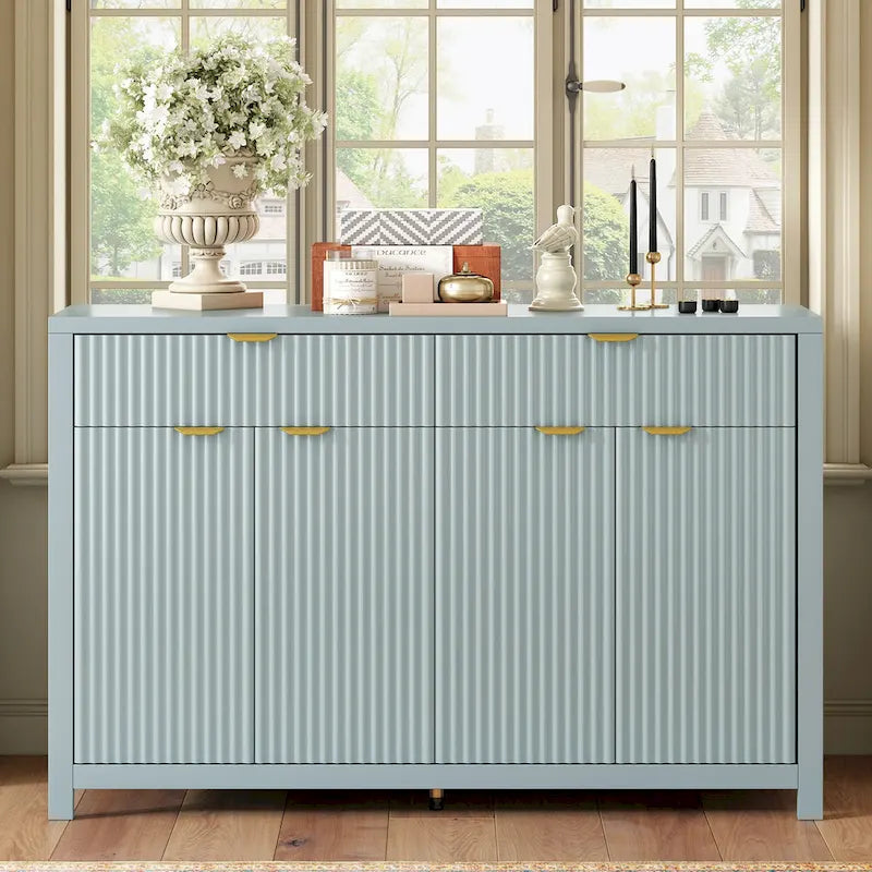 Aparador moderno con diseño de ondas, mesa de sofá con 2 cajones y 4 puertas, estantes ajustables de 3 niveles