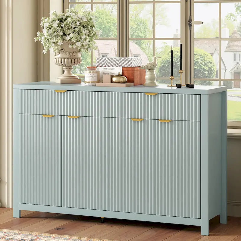 Aparador moderno con diseño de ondas, mesa de sofá con 2 cajones y 4 puertas, estantes ajustables de 3 niveles