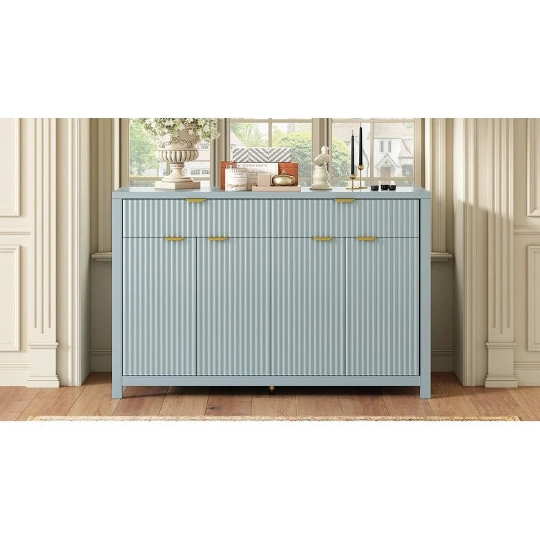 Aparador moderno con diseño de ondas, mesa de sofá con 2 cajones y 4 puertas, estantes ajustables de 3 niveles
