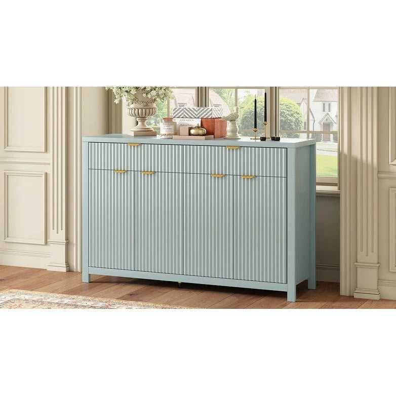 Aparador moderno con diseño de ondas, mesa de sofá con 2 cajones y 4 puertas, estantes ajustables de 3 niveles