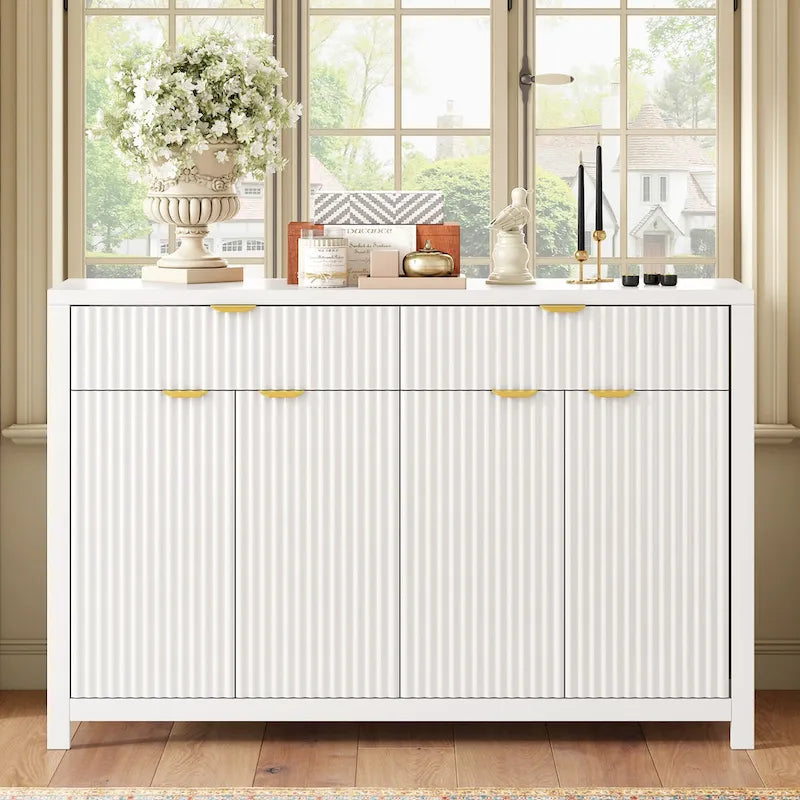 Aparador moderno con diseño de ondas, mesa de sofá con 2 cajones y 4 puertas, estantes ajustables de 3 niveles