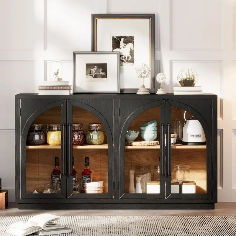 Aparador retro grande de 4 puertas con almacenamiento, tiradores de metal y estantes ajustables