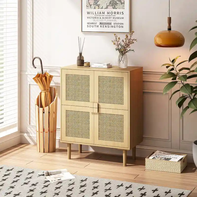 Mueble de almacenamiento de malla de ratán de 4 puertas, aparador con ocho espacios de almacenamiento, para entrada, sala de estar, pasillo (natural)