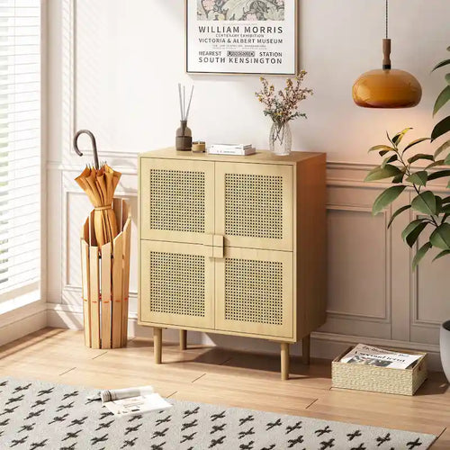 Mueble de almacenamiento de malla de ratán de 4 puertas, aparador con ocho espacios de almacenamiento, para entrada, sala de estar, pasillo (natural)