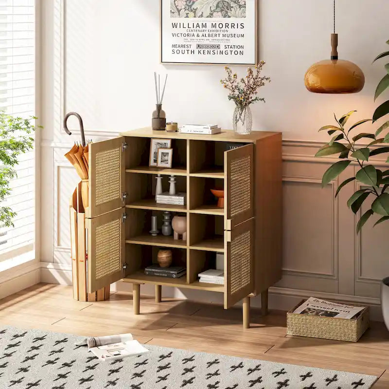Mueble de almacenamiento de malla de ratán de 4 puertas, aparador con ocho espacios de almacenamiento, para entrada, sala de estar, pasillo (natural)