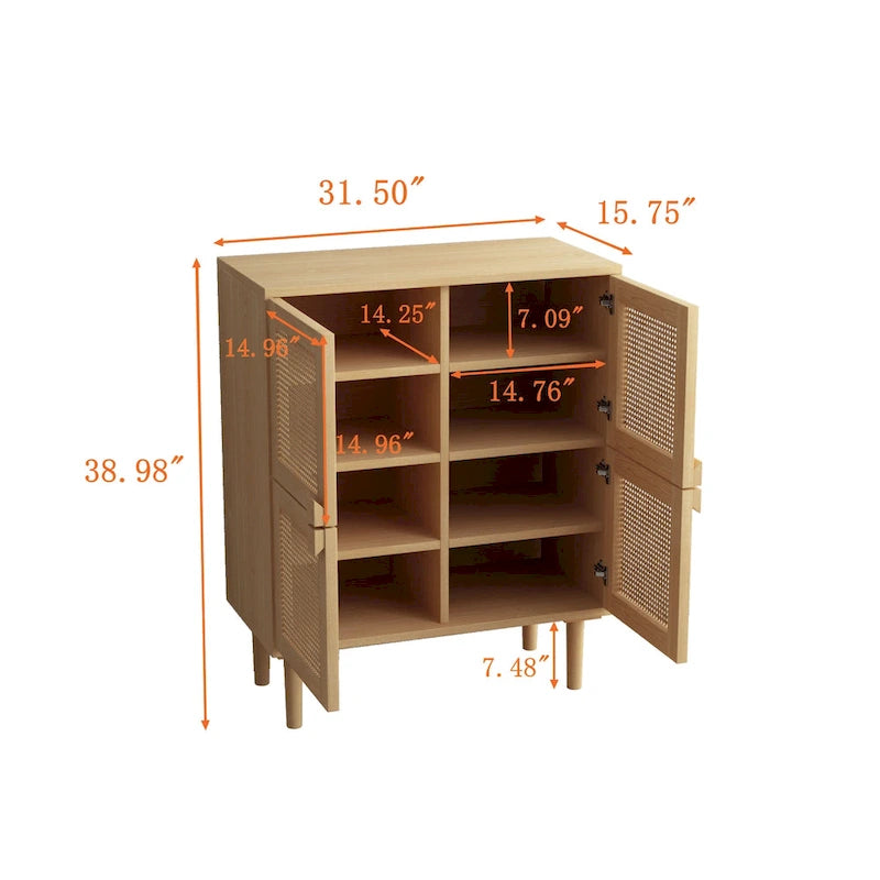 Mueble de almacenamiento de malla de ratán de 4 puertas, aparador con ocho espacios de almacenamiento, para entrada, sala de estar, pasillo (natural)