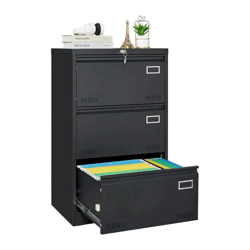 Archivador lateral de 3 cajones, archivadores metálicos con cerradura de tres cajones, archivador de oficina con cajones con cerradura