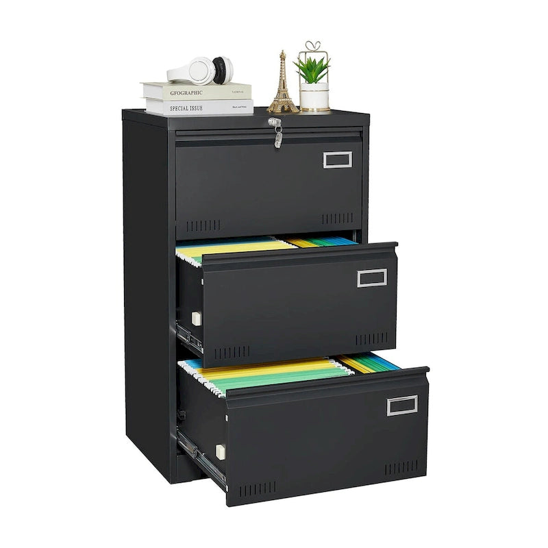 Archivador lateral de 3 cajones, archivadores metálicos con cerradura de tres cajones, archivador de oficina con cajones con cerradura