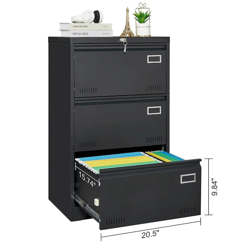 Archivador lateral de 3 cajones, archivadores metálicos con cerradura de tres cajones, archivador de oficina con cajones con cerradura
